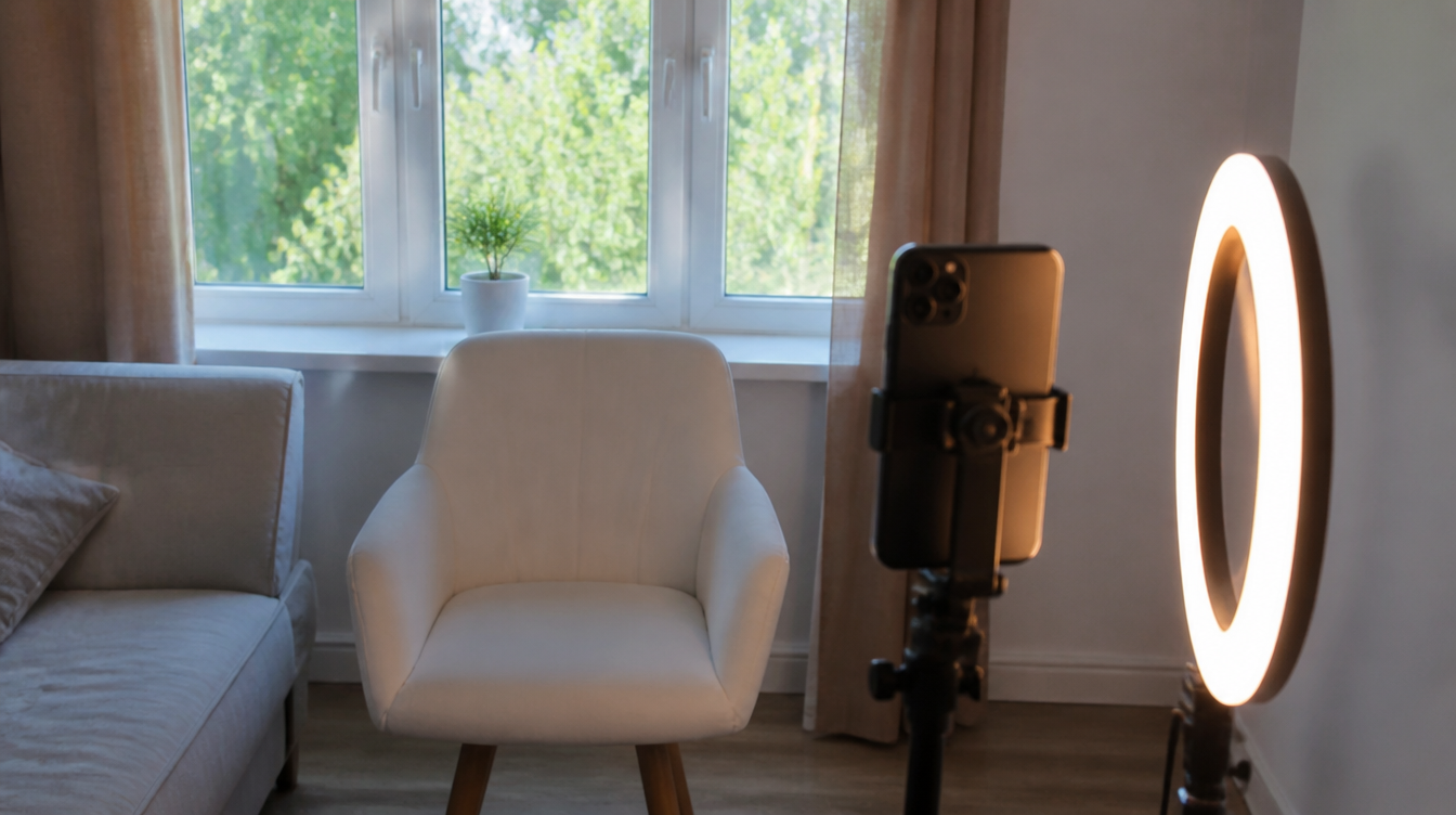 Phone on a tripod facing an empty chair — creator filming setup